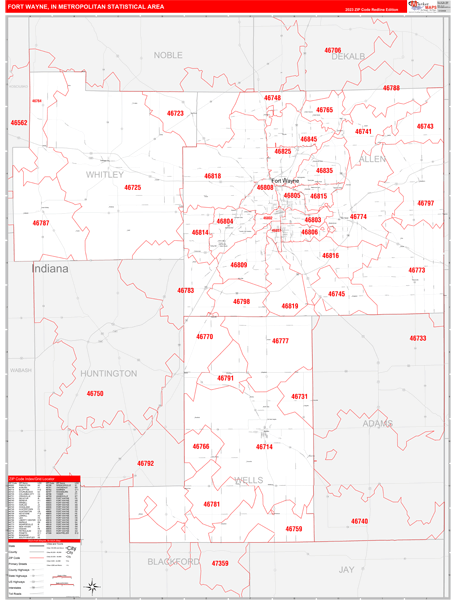 Fort Wayne Metro Area Digital Map Red Line Style